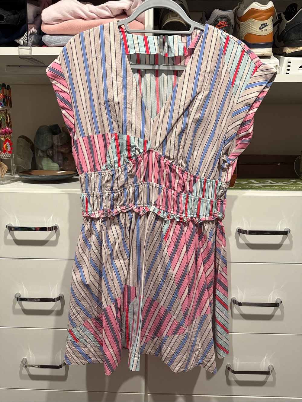 Anthropologie Striped V-Neck Mini Dress in Pink, Blue & Cream